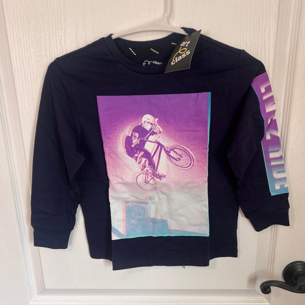 Art Class Graphic Tee Long Sleeve Bike Ride Purple Blue Shirt XS (4/5) NWT